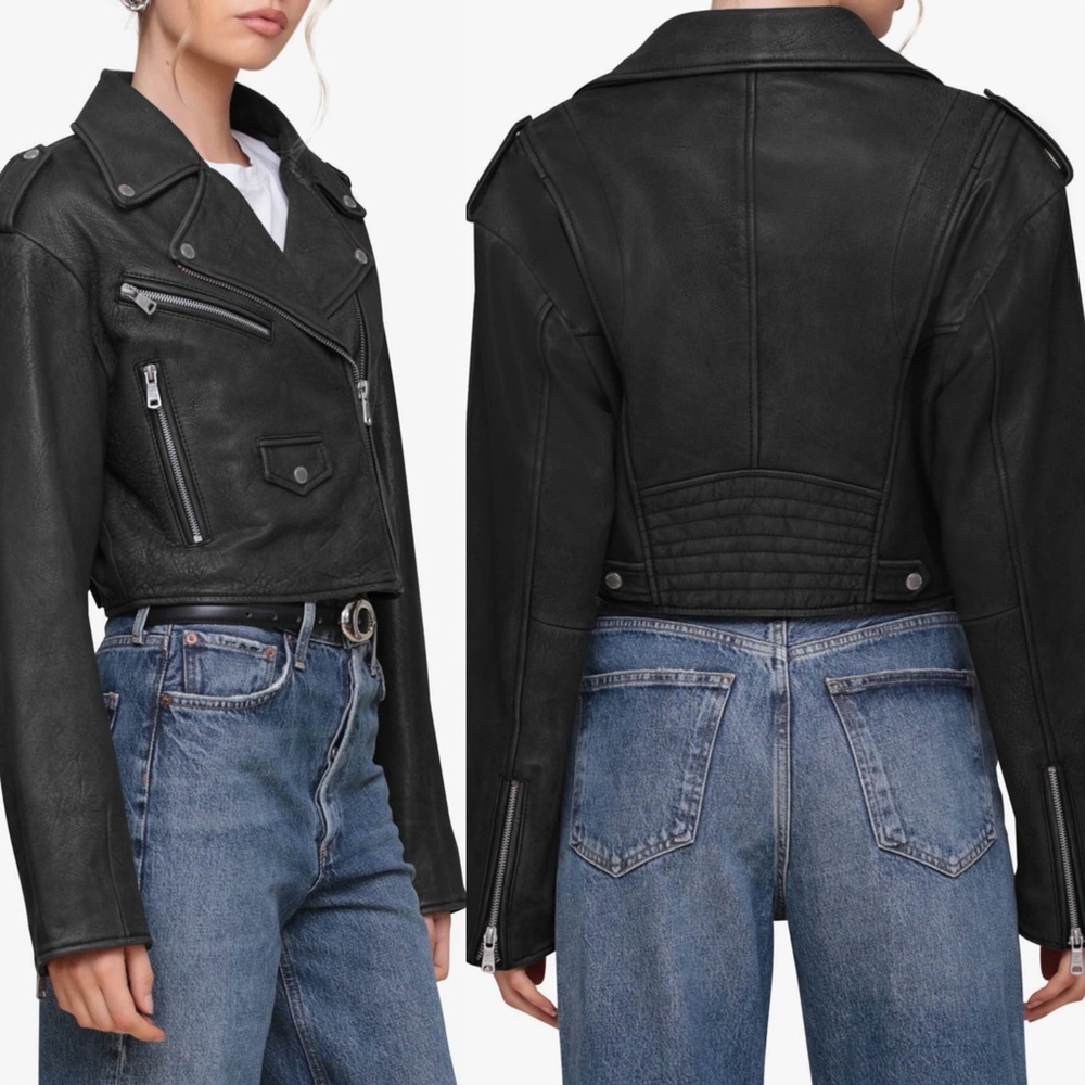 Avec Les Filles Cropped genuine Leather Biker Jacket